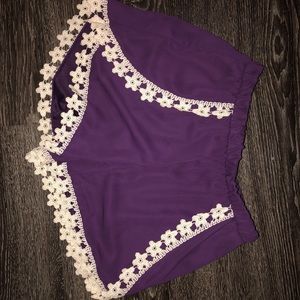 Super cute purple shorts with white crochet